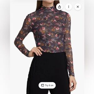 Cinq à Sept Mini Bouquet Mesh Turtleneck Top in Graphite Multi